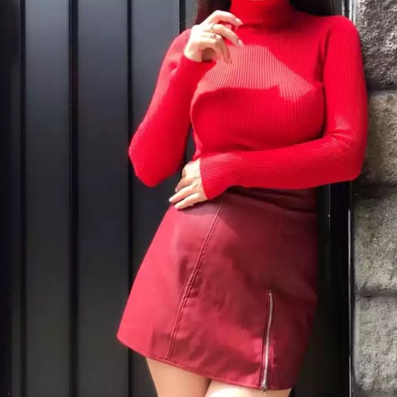 Sweaters - Red Ribbed Turtleneck Sweater